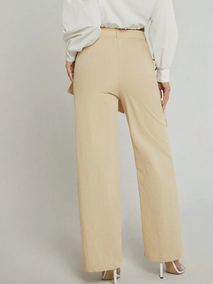 CM-BS441294 Women Elegant Seoul Style Pocket Wrap Overlay Wide Leg Pants - Apricot
