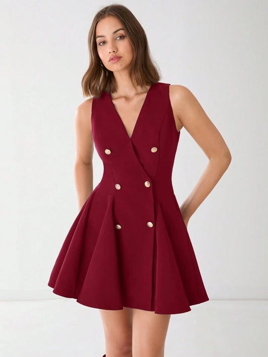 CM-DS856616 Women Elegant Seoul Style V-Neck Front Button Sleeveless A-Line Mini Dress - Burgundy