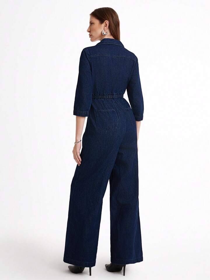 CM-JS431694 Women Casual Seoul Style Dark Wash Lapel Neckline 3/4 Sleeve Denim Flare Jumpsuit