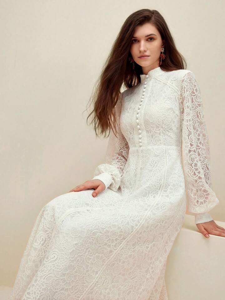 CM-DS287289 Women Elegant Seoul Style Lace Mandarin Collar Long Sleeve A-Line Dress - White