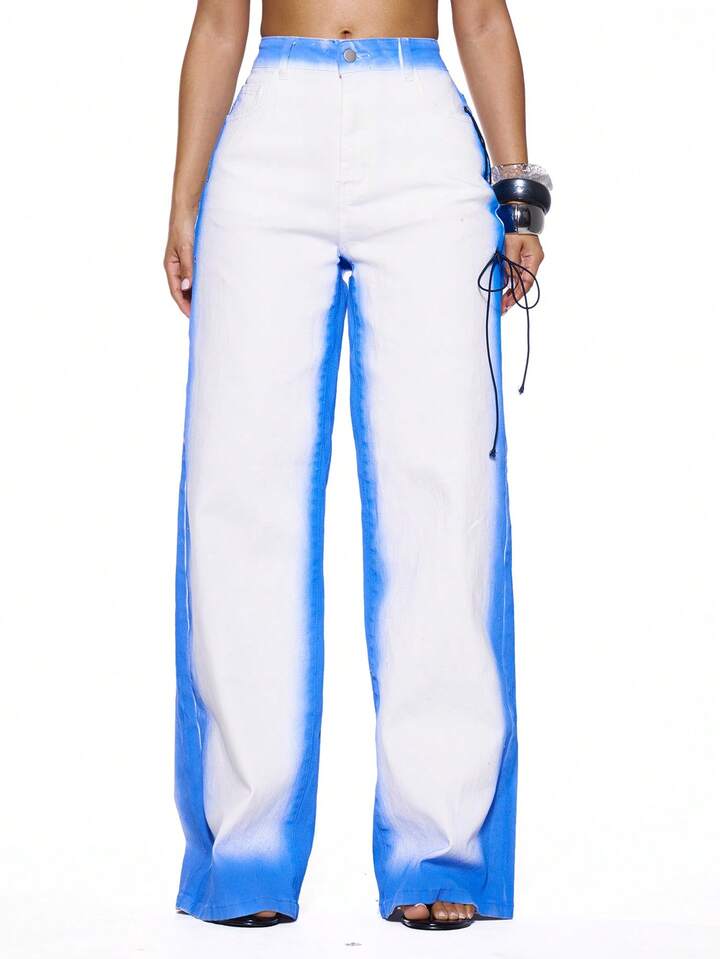 CM-BS783526 Women Casual Seoul Style Low Waist Contrast Washed Eyelet Tie Extra Long Denim Jeans
