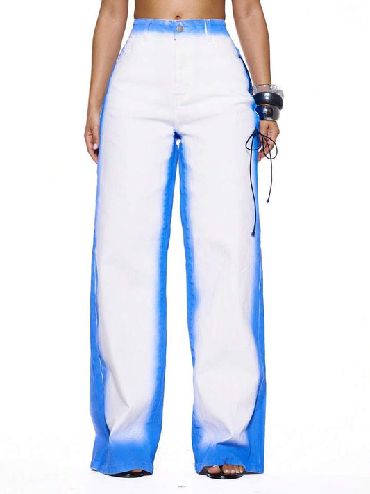 CM-BS783526 Women Casual Seoul Style Low Waist Contrast Washed Eyelet Tie Extra Long Denim Jeans