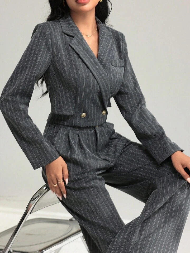 CM-SS215465 Women Elegant Seoul Style Striped Tie-Back Short Jacket With Wide-Leg Pants - Set