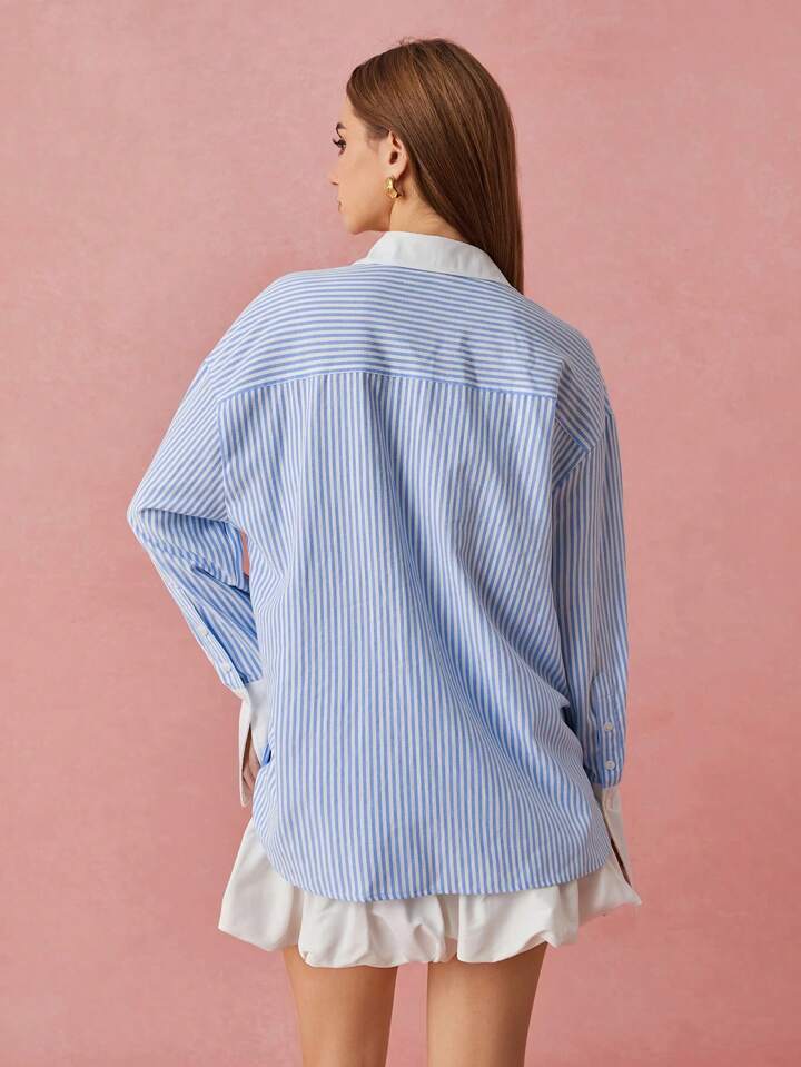 CM-TS919017 Women Casual Seoul Style Stripe Patchwork Collar Neckline Long Sleeve Blouse - Blue