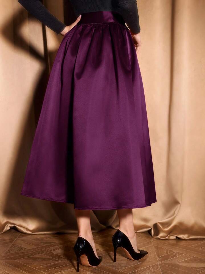 CM-BS562519 Women Elegant Seoul Style Ultra High Waist Satin Flared Hem A-Line Skirt - Purple