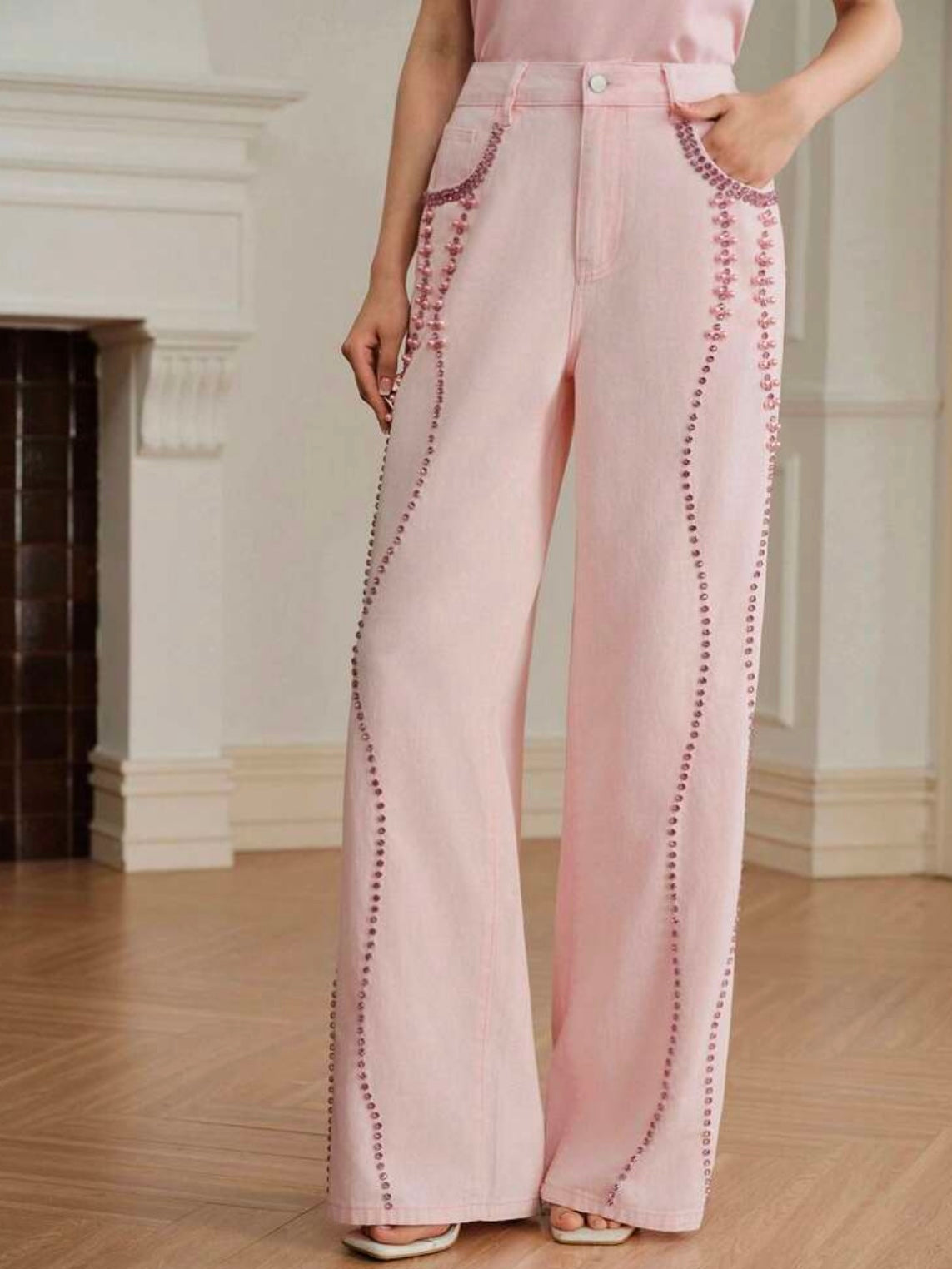 CM-BS535860 Women Elegant Seoul Style Mid Waist Beaded Rhinestone Straight Leg Jeans - Pink