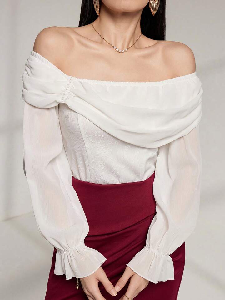 CM-TS677372 Women Elegant Seoul Style Off the Shoulder Flare Sleeve Chiffon Shirt - White