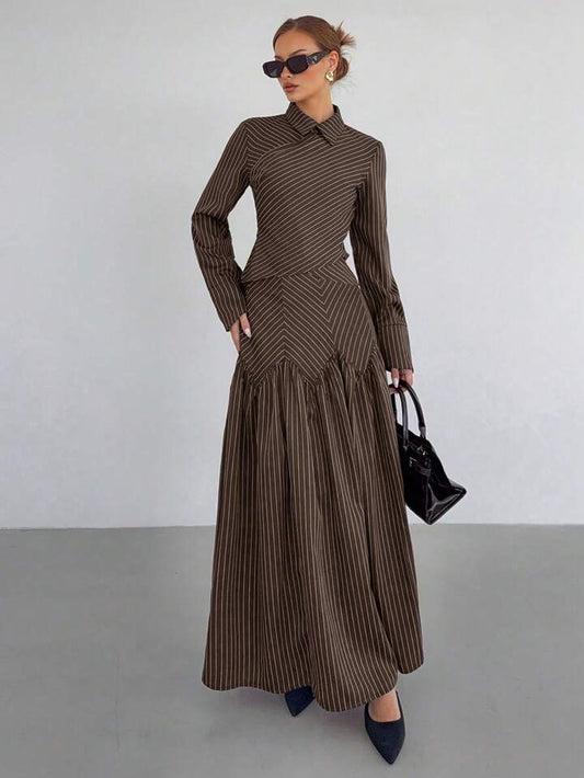 CM-SS628871 Women Elegant Seoul Style Striped Collar Neckline Long Sleeve Shirt With Pleated Maxi Skirt - Set