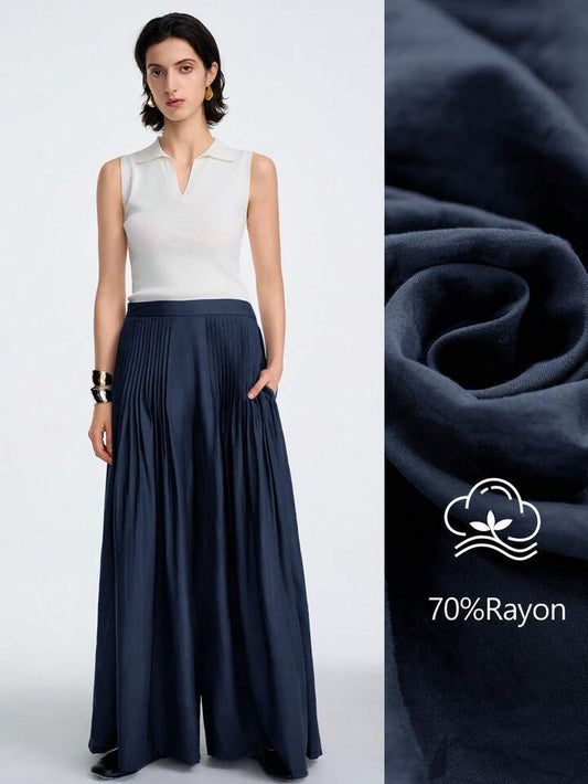 CM-BS625781 Women Trendy Bohemian Style Mid Waist Pleated Loose Lightweight Wide Leg Trousers - Navy Blue