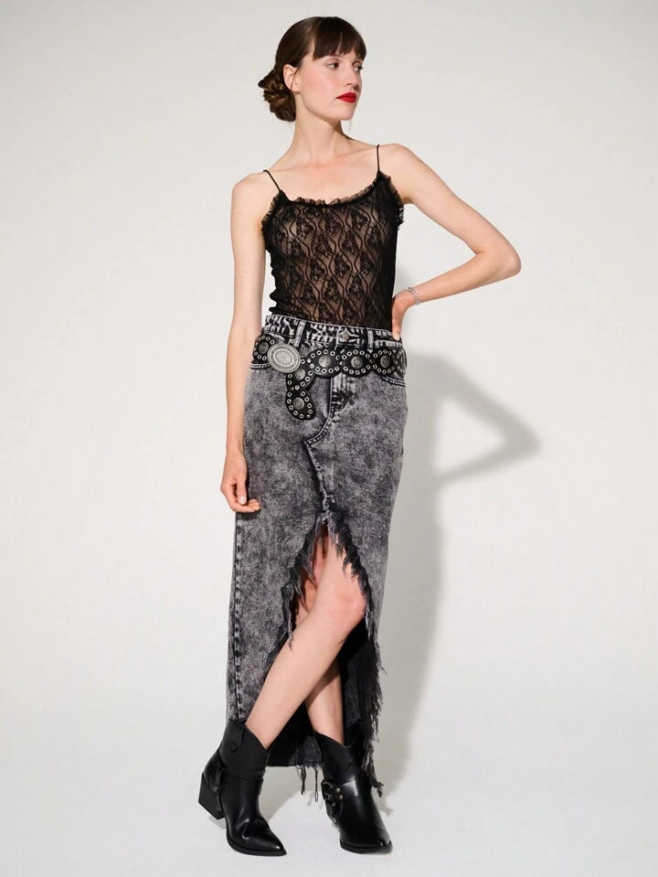 CM-BS452199 Women Casual Seoul Style Acid Wash Non-Stretch Split Thigh Denim Maxi Skirt - Black