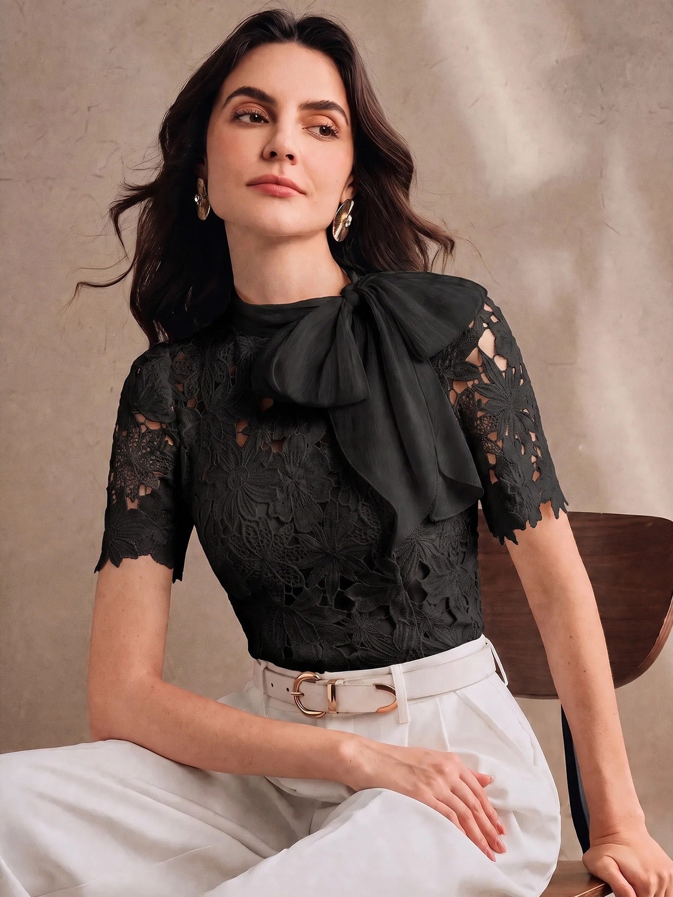 CM-TS468347 Women Elegant Seoul Style Tie Neck Puff Sleeve Hollow Lace Bowknot Blouse - Black