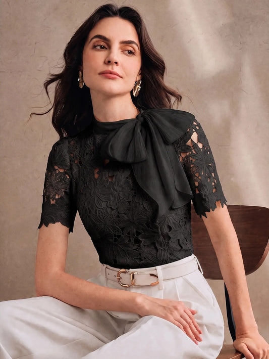 CM-TS468347 Women Elegant Seoul Style Tie Neck Puff Sleeve Hollow Lace Bowknot Blouse - Black