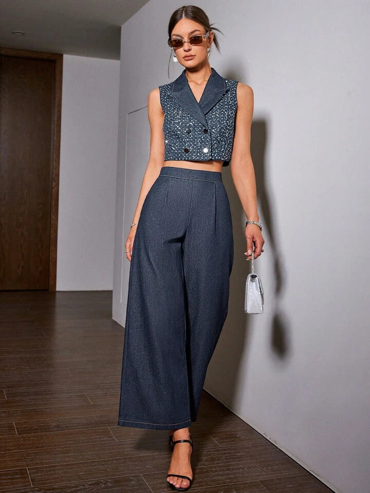 CM-SS203506 Women Elegant Seoul Style Sparkly Patchwork Double-Breasted Sleeveless Top With Pants - Set