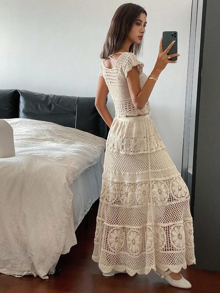 CM-SS154522 Women Trendy Bohemian Style Round Neck Puff Sleeve Knit Blouse With Long Skirt - Set