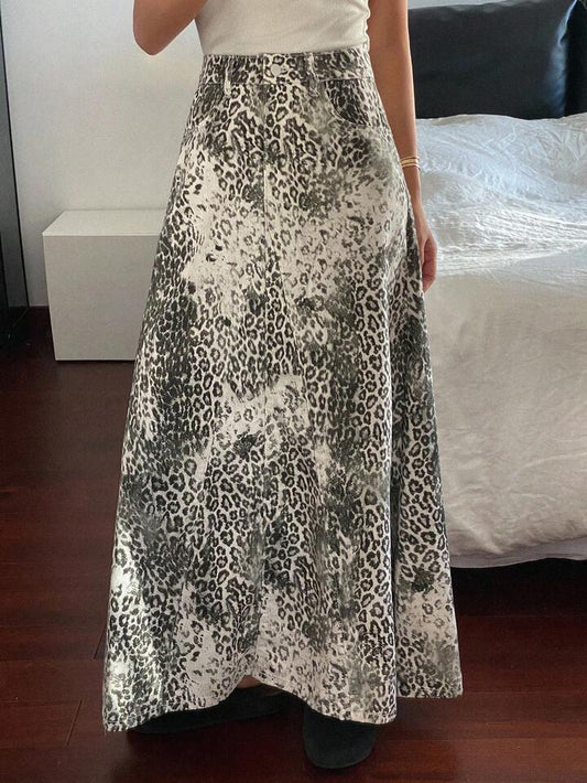 CM-BS822552 Women Casual Seoul Style Leopard Print Mid Waist A-Line Maxi Denim Skirt