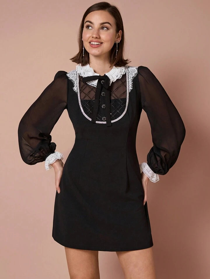 CM-DS402412 Women Elegant Seoul Style Bow Tie Gem Buttons Decor Lace Sequin Long Sleeves Mini Dress