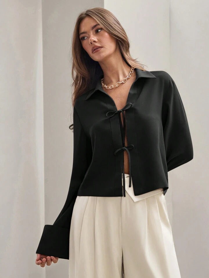 CM-TS834463 Women Trendy Bohemian Style Shirt Collar Front Tie Long Sleeve Shirt - Black