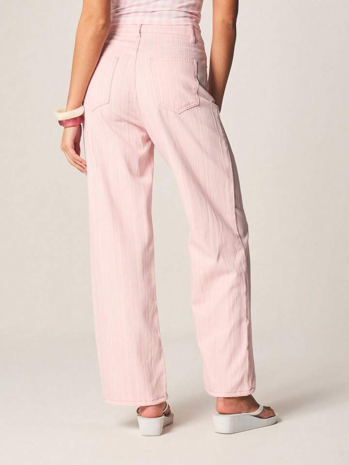 CM-BS845552 Women Casual Seoul Style Mid Rise Striped Pattern Wide Leg Denim Jeans - Pink