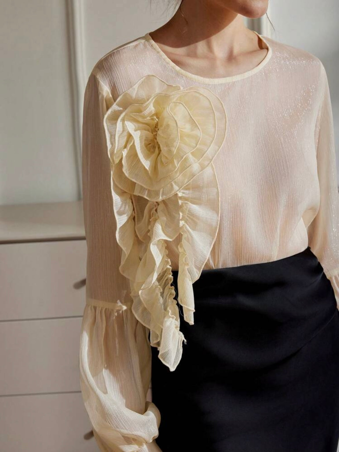 CM-TS856000 Women Elegant Seoul Style Sheer Textured 3D Floral Oversized Women Blouse - Yellow