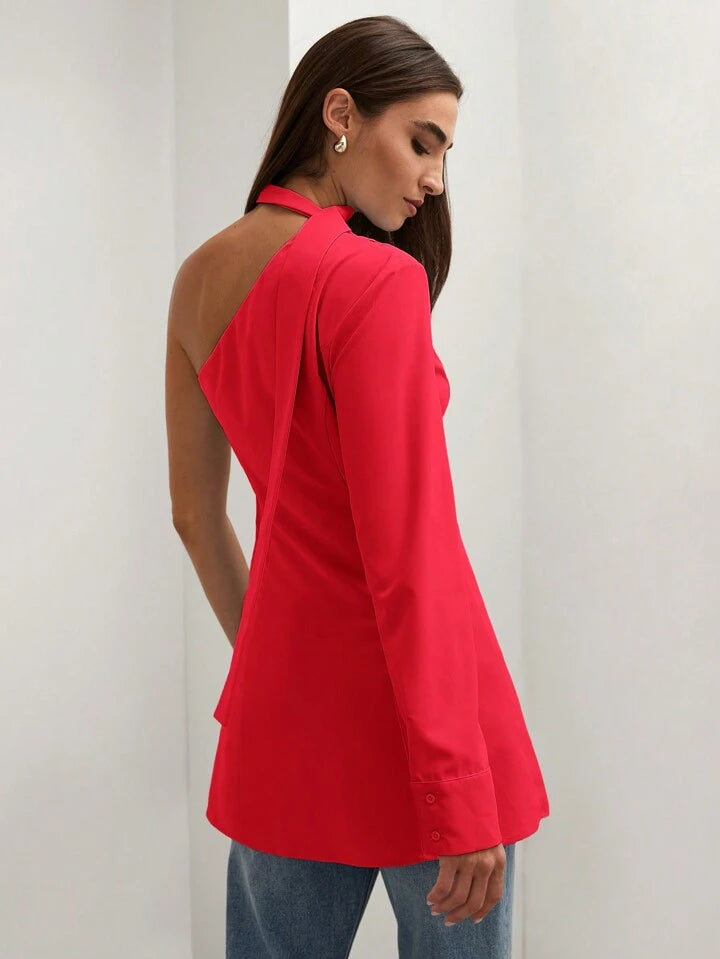 CM-TS870822 Women Casual Seoul Style Asymmetric Collar One Shoulder Long Sleeve Blouse - Red