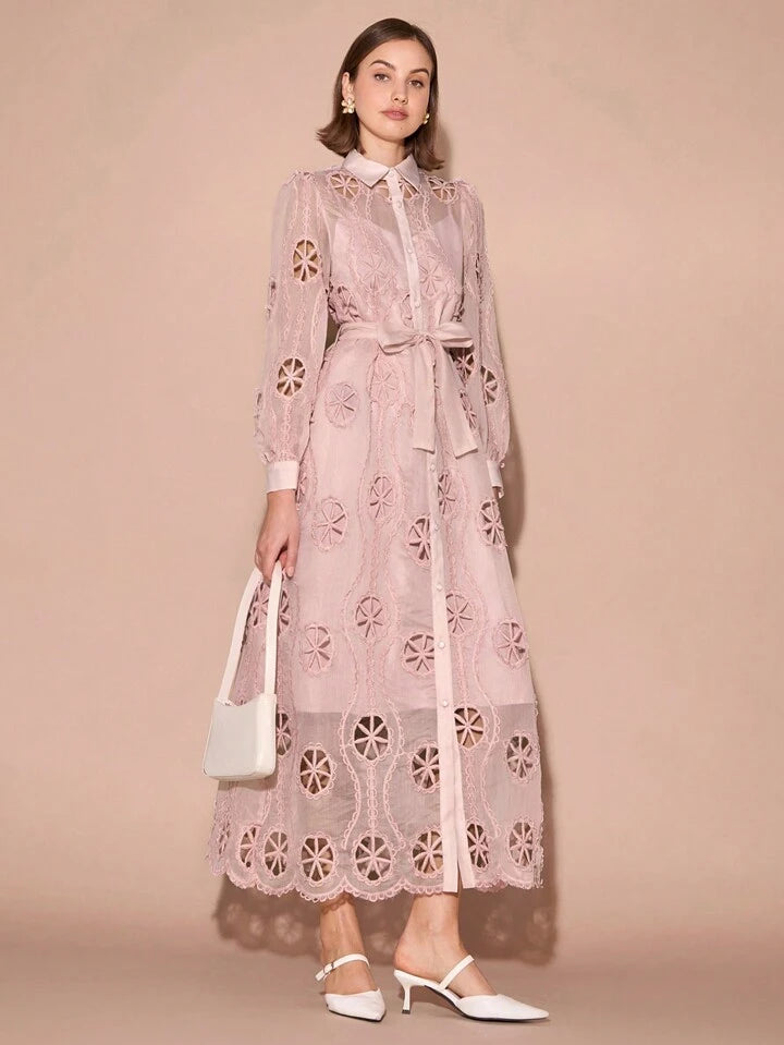 CM-DS831119 Women Elegant Seoul Style Collar Neckline Hollow-Out Embroidered Long Sleeve Maxi Dress - Pink
