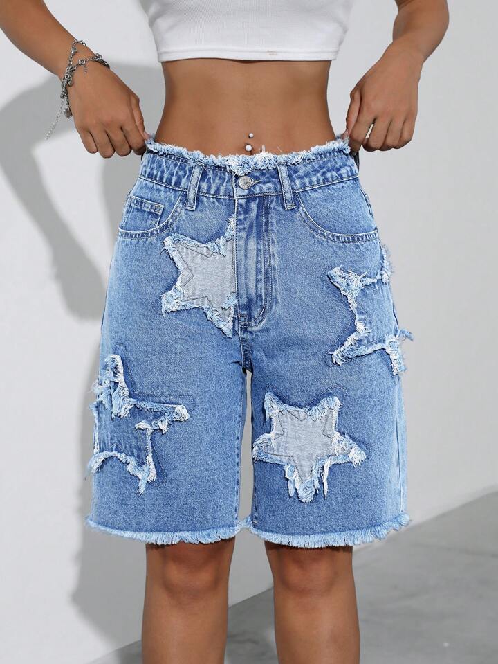 CM-BS279476 Women Casual Seoul Style Medium Wash Star Patchwork And Pocket Denim Shorts