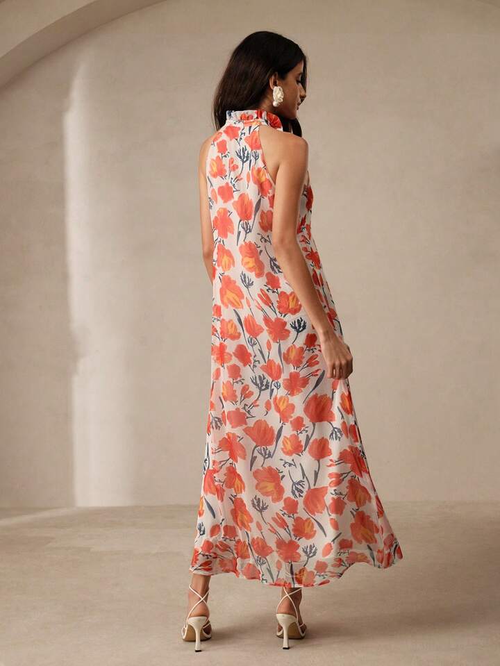 CM-DS517568 Women Trendy Bohemian Style Floral Printed Sleeveless Tie-Neck Maxi Dress - Orange
