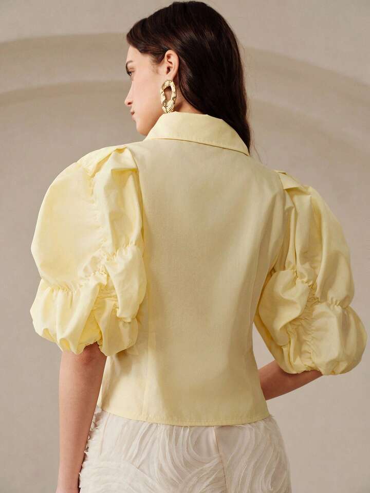 CM-TS143944 Women Elegant Seoul Style Lapel Collar Puff Sleeve Shirred Waist Cinched Short Asymmetrical Hem Blouse