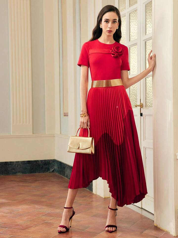CM-BS688215 Women Elegant Seoul Style Mid Waist Colorblock Pleated Asymmetrical Satin Hem Skirt - Red