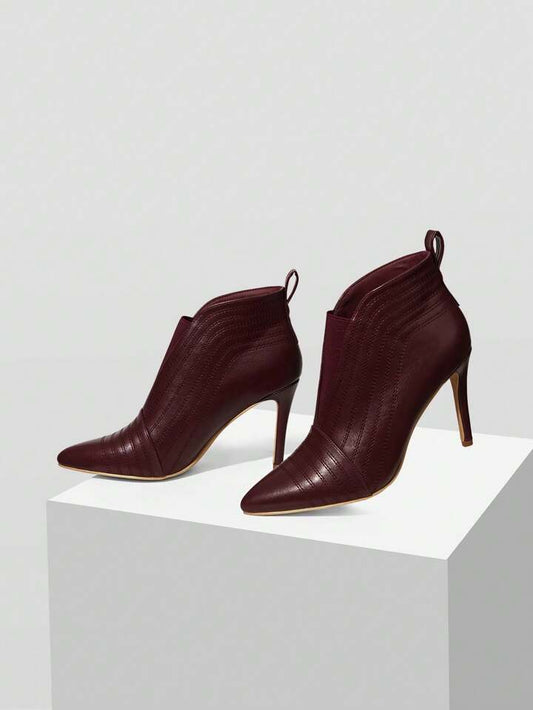 CM-SHS001358 Women Trendy Seoul Style Quilted Line Pointed Toe High Heel Ankle Boots - Burgundy