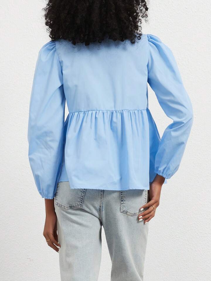 CM-TS373314 Women Casual Seoul Style Print Ruffle Hem Tie Long Sleeve Shirt - Blue