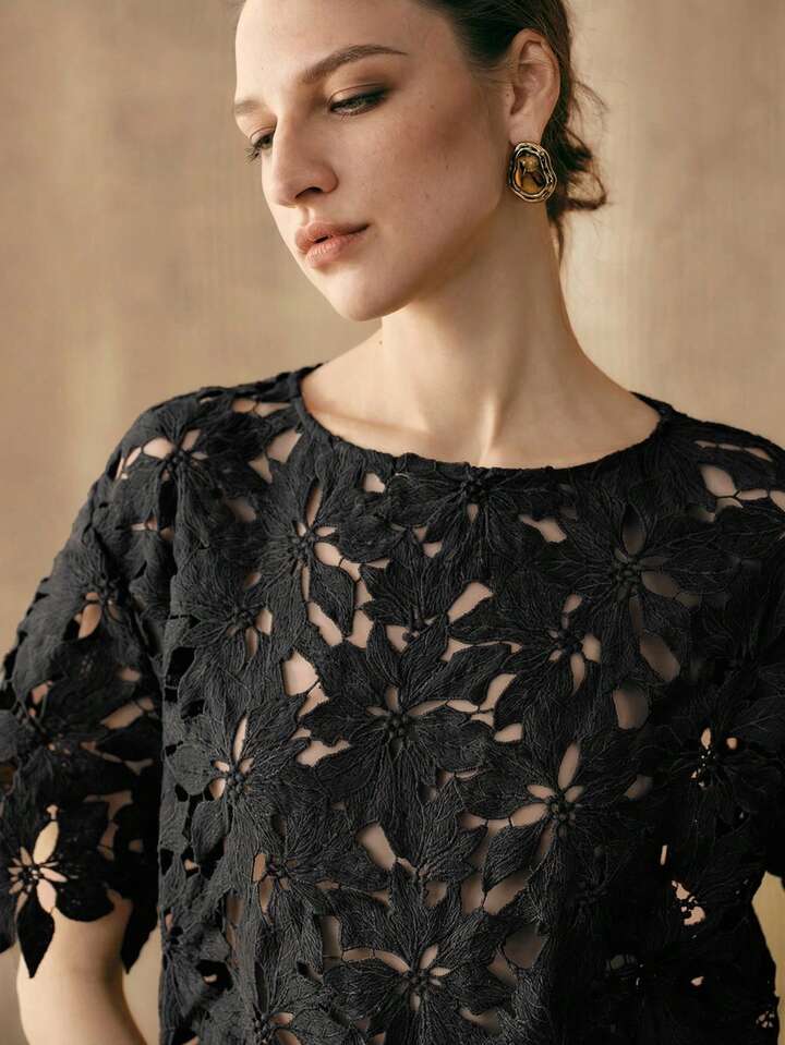 CM-TS052635 Women Trendy Bohemian Style Embroidered Round Neck Short Sleeve Top - Black