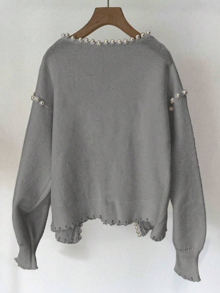 CM-CS659991 Women Casual Seoul Style Pearl Trim Distressed Hem Long Sleeve Knit Sweater - Gray