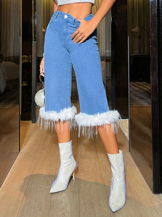 CM-BS607769 Women Casual Seoul Style Light Wash Plush Edged Straight Leg Denim Pants