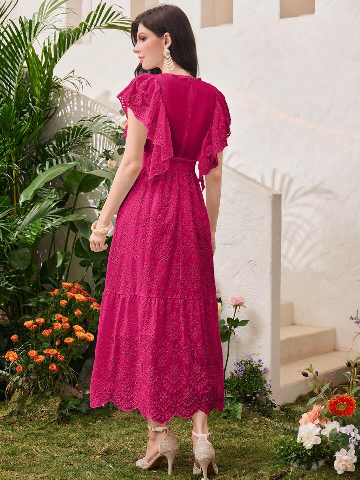 CM-DS312270 Women Trendy Bohemian Style V-Neck Short Sleeve A-Line Maxi Dress - Hot Pink