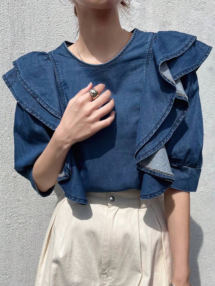 CM-TS697697 Women Casual Seoul Style Dark Wash Tie Neck Puff Sleeve Ruffle Trim Denim Blouse