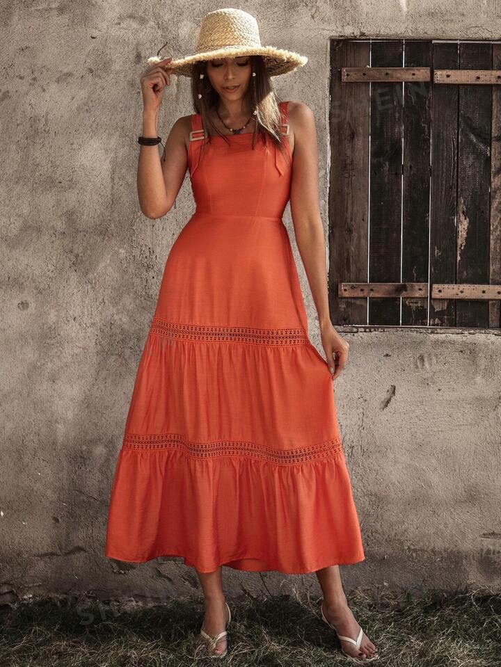 CM-DS876164 Women Trendy Bohemian Style Monochrome Lace Patchwork Suspender Dress - Orange