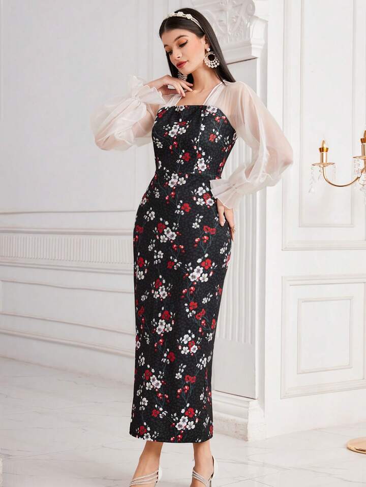 CM-DS562668 Women Elegant Seoul Style Floral Printed Mesh Patchwork Long Sleeve Dress