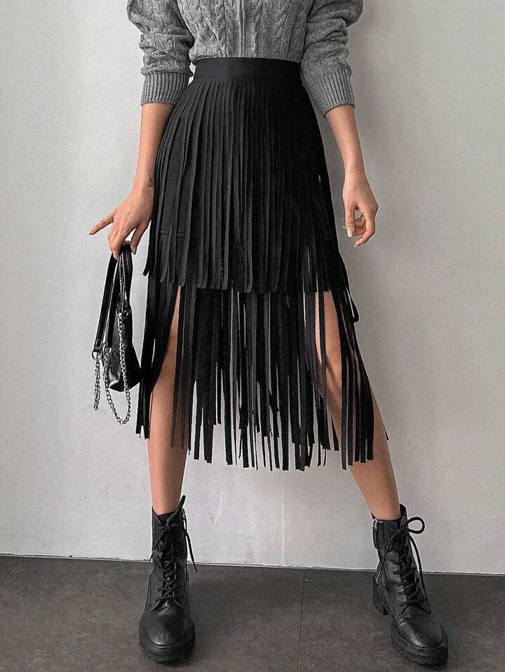 CM-BS128411 Women Casual Seoul Style Asymmetrical Patchwork Fringe Skirt - Black