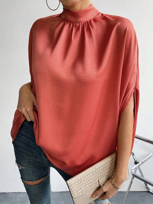 CM-TS713863 Women Casual Seoul Style Stand Collar Tie Back Batwing Sleeve Shirt - Rose Red