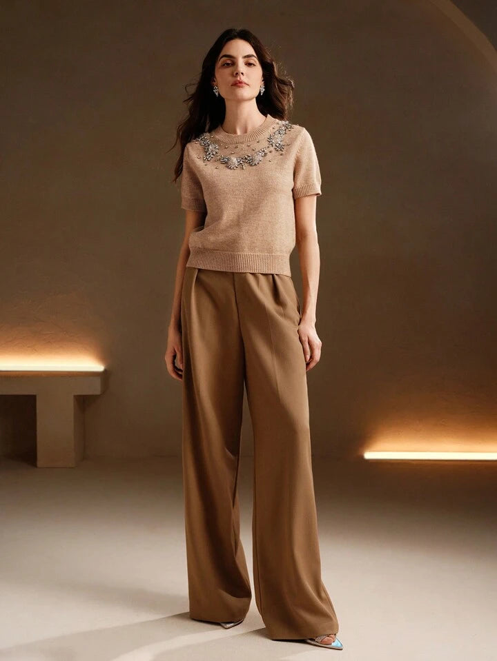 CM-TS091194 Women Casual Seoul Style Round Neck Short Sleeve Embroidered Rhinestone Embellished Knit Top - Khaki