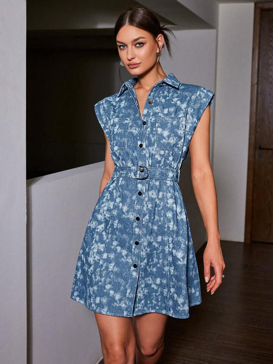 CM-DS950143 Women Casual Seoul Style Button Front Shirt Collar Sleeveless Mini Dress - Baby Blue