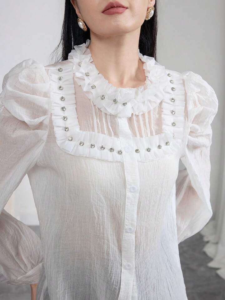 CM-TS720463 Women Elegant Seoul Style Stand Collar Long Sleeve Embellished Rhinestone Blouse - White