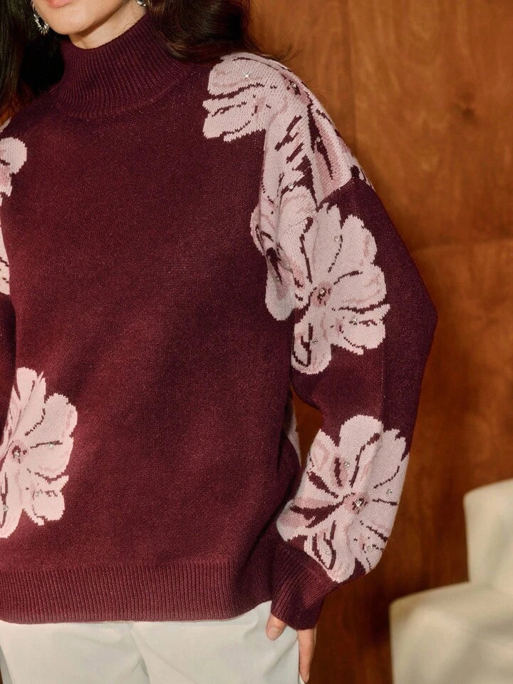 CM-CS981423 Women Casual Seoul Style Stand Collar Long Sleeve Floral Rhinestone Embellished Sweater