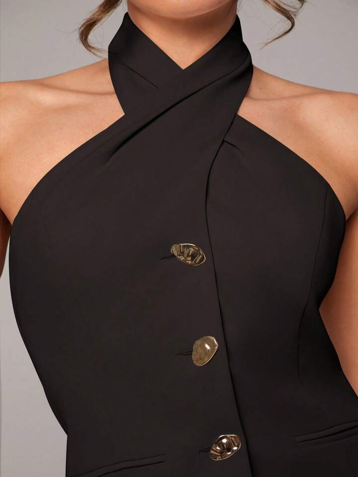 CM-SS235421 Women Elegant Seoul Style Sleeveless Metal Buckle Slim Halter Top With Pants Suit - Black