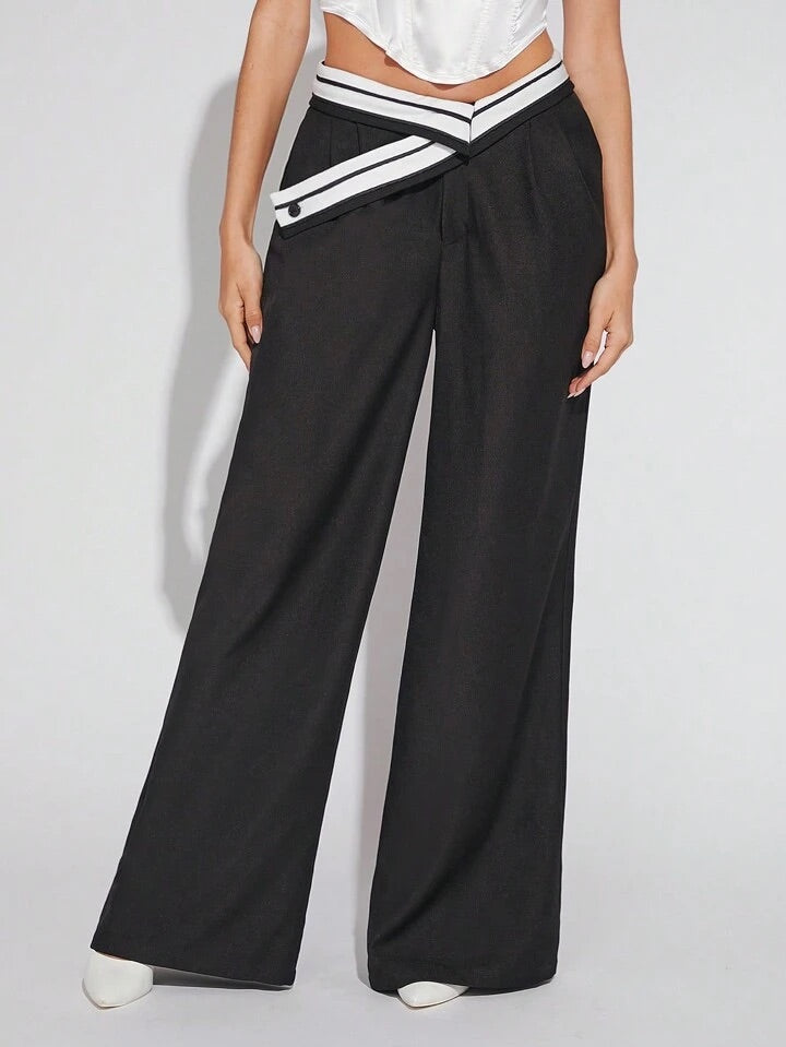 CM-BS942414 Women Elegant Seoul Style Reverse Waist Wide Leg Pants