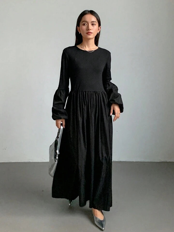 CM-DS465431 Women Casual Seoul Style Solid Color Round Neck Long Flare Sleeve Dress - Black