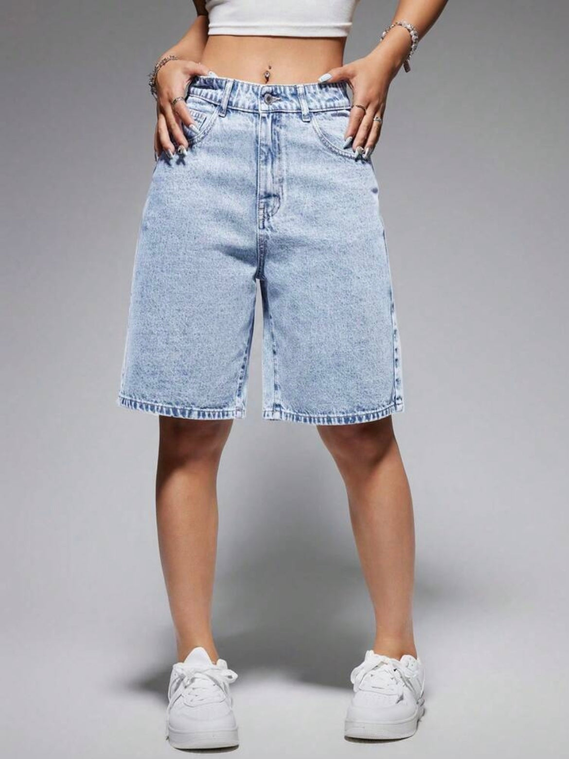 CM-BS411976 Women Casual Seoul Style Light Wash High Waist Bermuda Denim Shorts