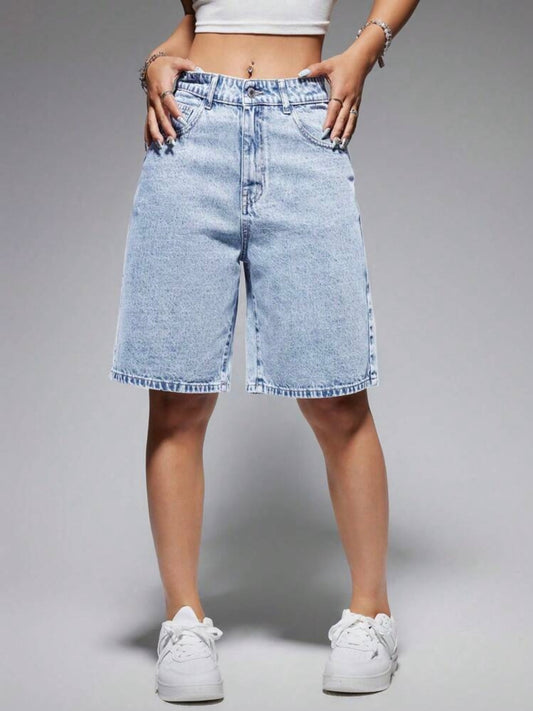 CM-BS411976 Women Casual Seoul Style Light Wash High Waist Bermuda Denim Shorts