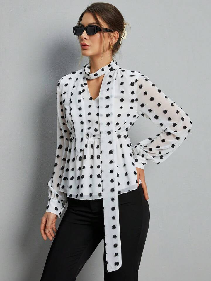 CM-TS424444 Women Casual Seoul Style Keyhole Neckline Polka Dot Printed Ruffle Hem Shirt